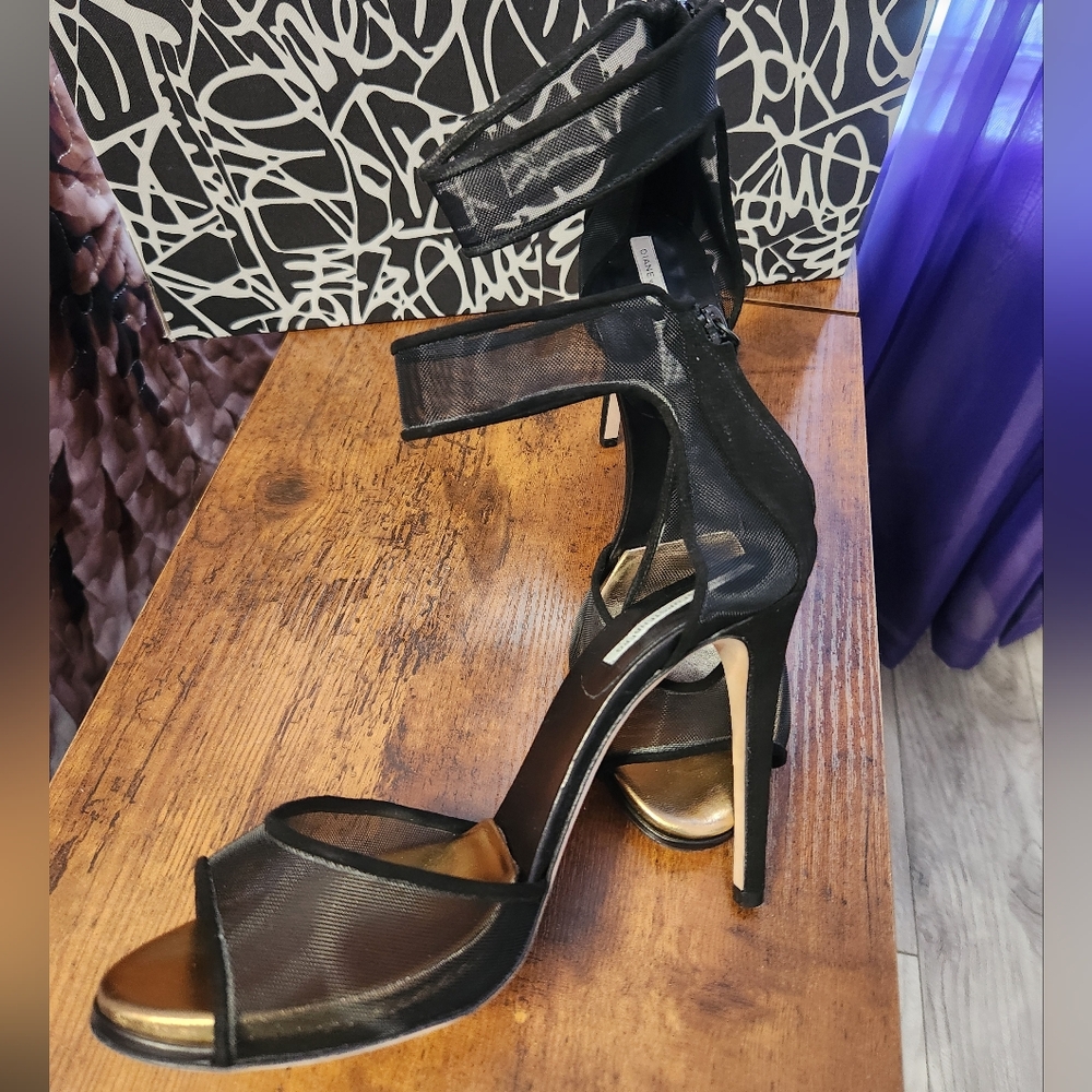 Nib Diane Von Furstenberg Suede D'Orsay Black and Gold Heels with Stiletto Sz 9M - Picture 5 of 11
